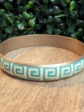 Vtg Greek Key Brass Bangle Bracelet
